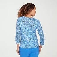 Hearts Of Palm Animal Burnout Tie Front Womens V Neck 3/4 Sleeve T-Shirt