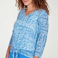 Hearts Of Palm Animal Burnout Tie Front Womens V Neck 3/4 Sleeve T-Shirt