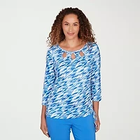 Hearts Of Palm Abstract Side-Drawstring Womens Round Neck 3/4 Sleeve T-Shirt