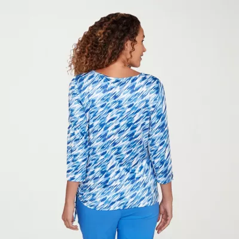 Hearts Of Palm Abstract Side-Drawstring Womens Round Neck 3/4 Sleeve T-Shirt