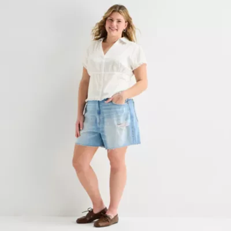 Forever 21 Womens Juniors Plus Short Sleeve Button-Down Shirt