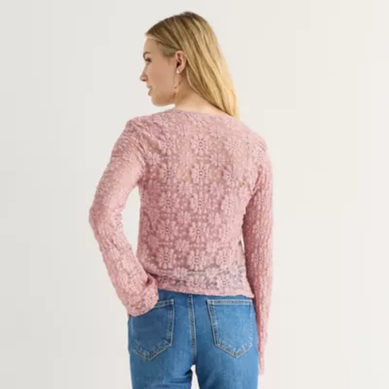 Arizona Womens Juniors Round Neck Long Sleeve Blouse