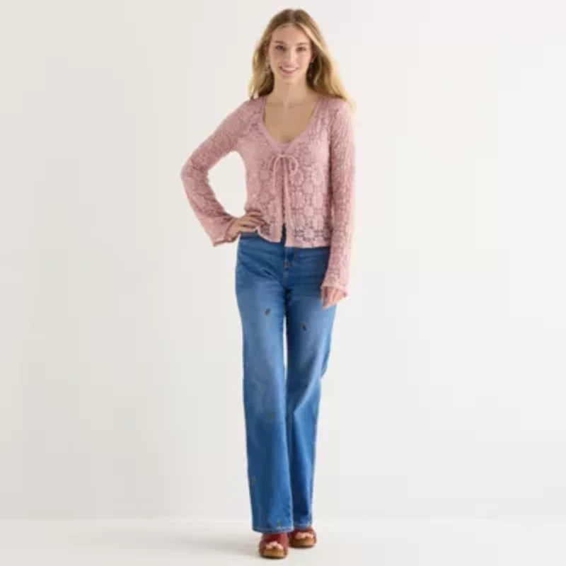 Arizona Womens Juniors Round Neck Long Sleeve Blouse