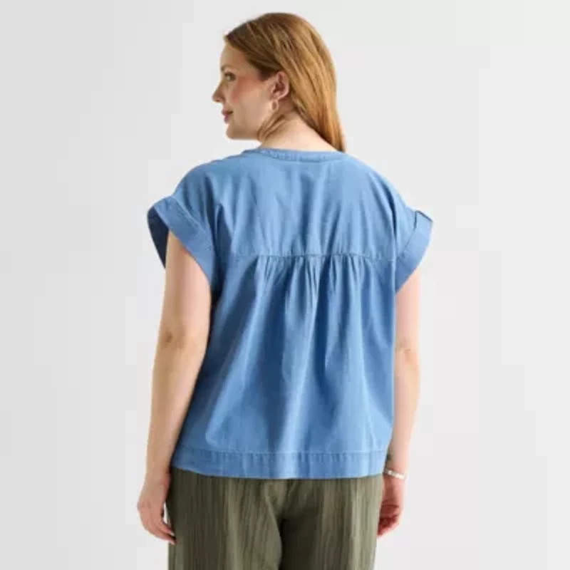 St. John's Bay Womens Plus Round Neck Short Sleeve Blouse