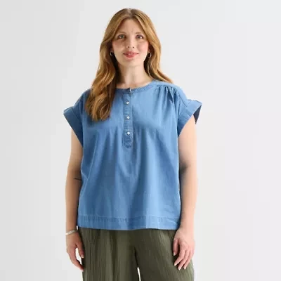 St. John's Bay Womens Plus Round Neck Short Sleeve Blouse