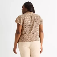 Liz Claiborne Womens Plus V Neck Short Sleeve Blouse