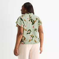 Liz Claiborne Womens Plus V Neck Short Sleeve Blouse