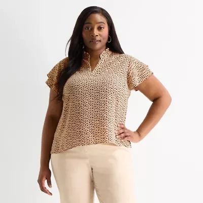 Liz Claiborne Womens Plus V Neck Short Sleeve Blouse