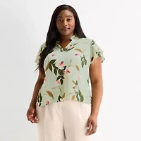 Liz Claiborne Womens Plus V Neck Short Sleeve Blouse
