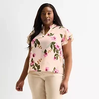 Liz Claiborne Womens Plus V Neck Short Sleeve Blouse