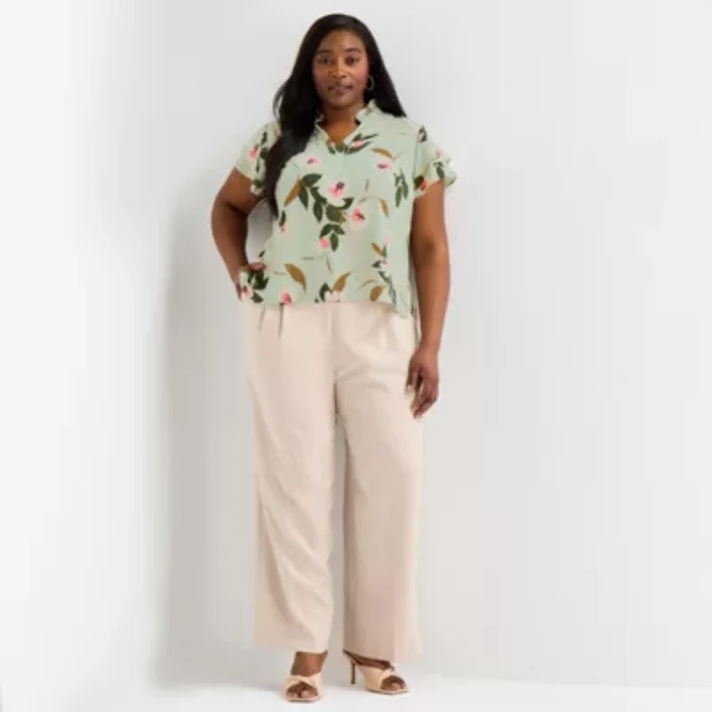 Liz Claiborne Womens Plus V Neck Short Sleeve Blouse