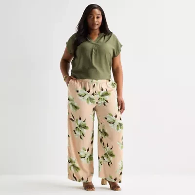 Liz Claiborne Womens Plus Wide Leg Mid Rise Pull-On Pant