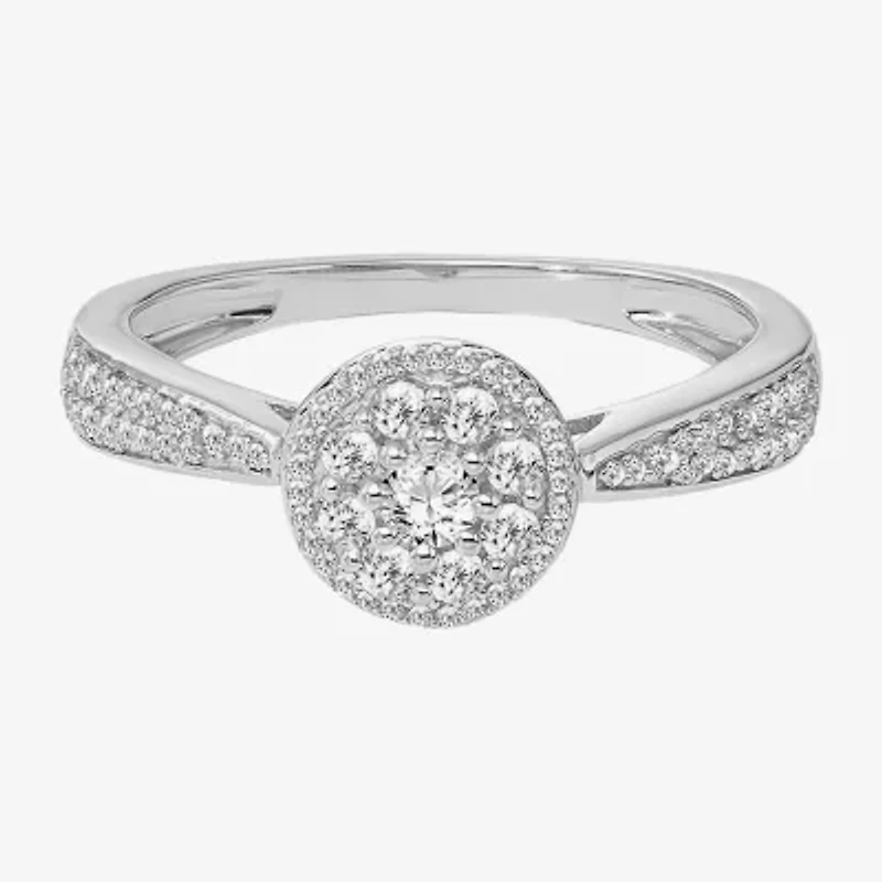 Womens 3/8 CT. Natural White Diamond 10K Gold Round Side Stone Halo Engagement Ring