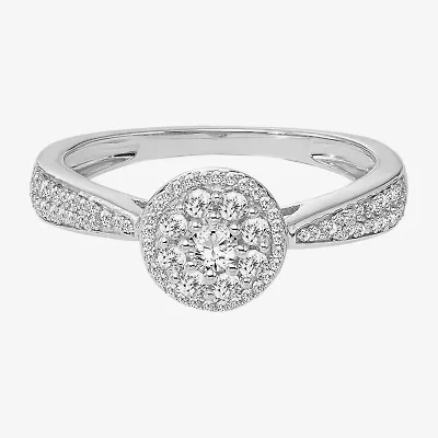 Womens 3/8 CT. Natural White Diamond 10K Gold Round Side Stone Halo Engagement Ring