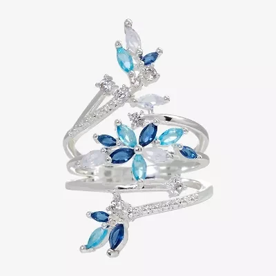 Sparkle Allure Womens Blue Crystal Pure Silver Over Brass Flower Cluster Cocktail Ring