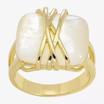 Sparkle Allure Womens White Simulated Pearl 14K Gold Over Brass Cocktail Ring