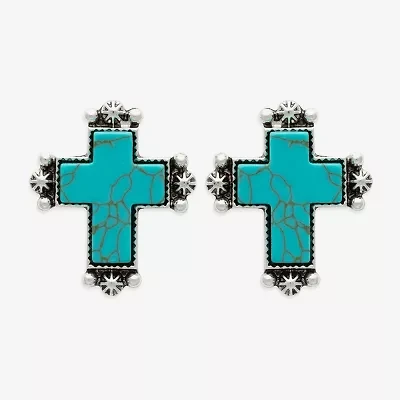 Bijoux Bar Silver Tone Blue Glass 26.6mm Cross Stud Earrings