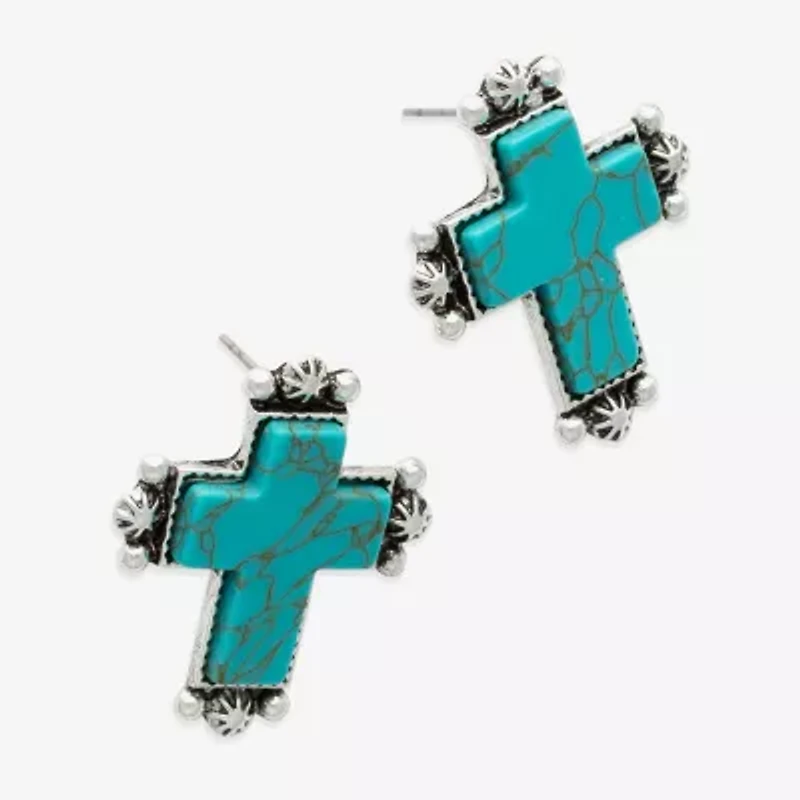 Bijoux Bar Silver Tone Blue Glass 26.6mm Cross Stud Earrings