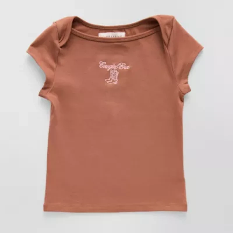 CLEVER & KIND Big Kid Girls Crew Neck Short Sleeve Embroidered T-Shirt