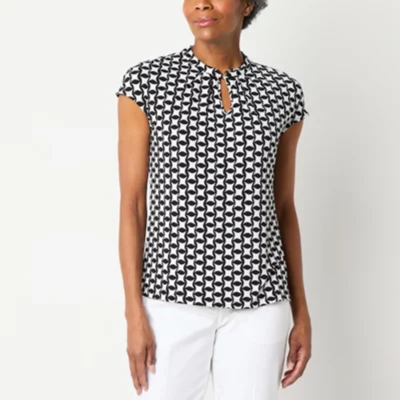 Liz Claiborne Womens Keyhole Neck Short Sleeve Blouse