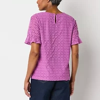 Liz Claiborne Womens Crew Neck Short Sleeve Lace Blouse