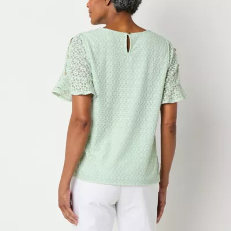 Liz Claiborne Womens Crew Neck Short Sleeve Lace Blouse
