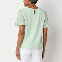 Liz Claiborne Womens Crew Neck Short Sleeve Lace Blouse