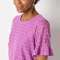 Liz Claiborne Womens Crew Neck Short Sleeve Lace Blouse