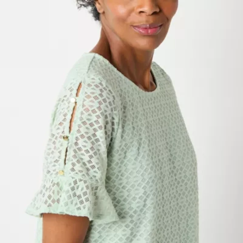 Liz Claiborne Womens Crew Neck Short Sleeve Lace Blouse