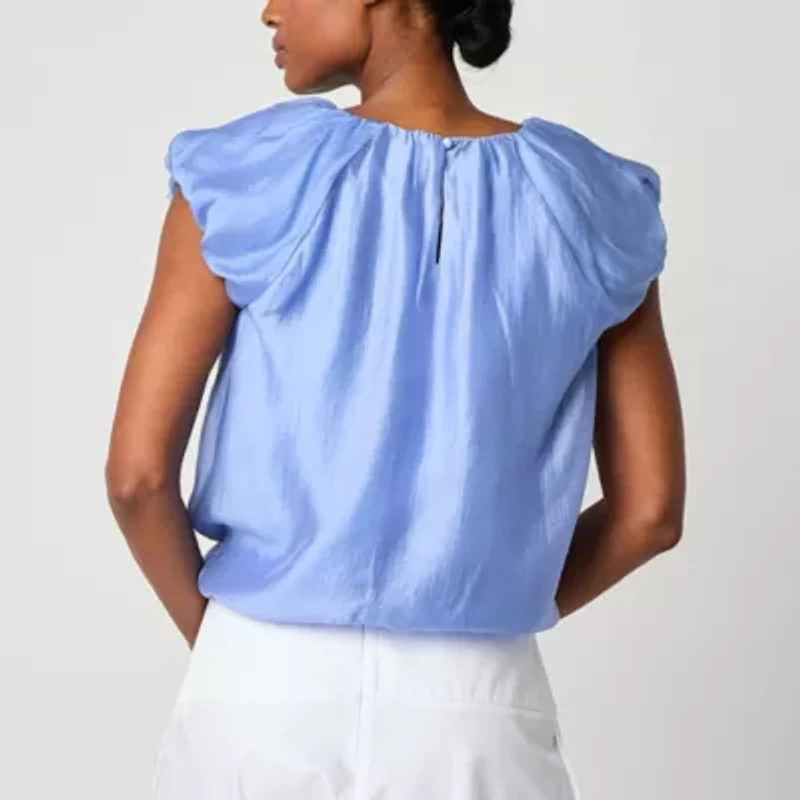 Worthington Womens Round Neck Short Sleeve Blouse