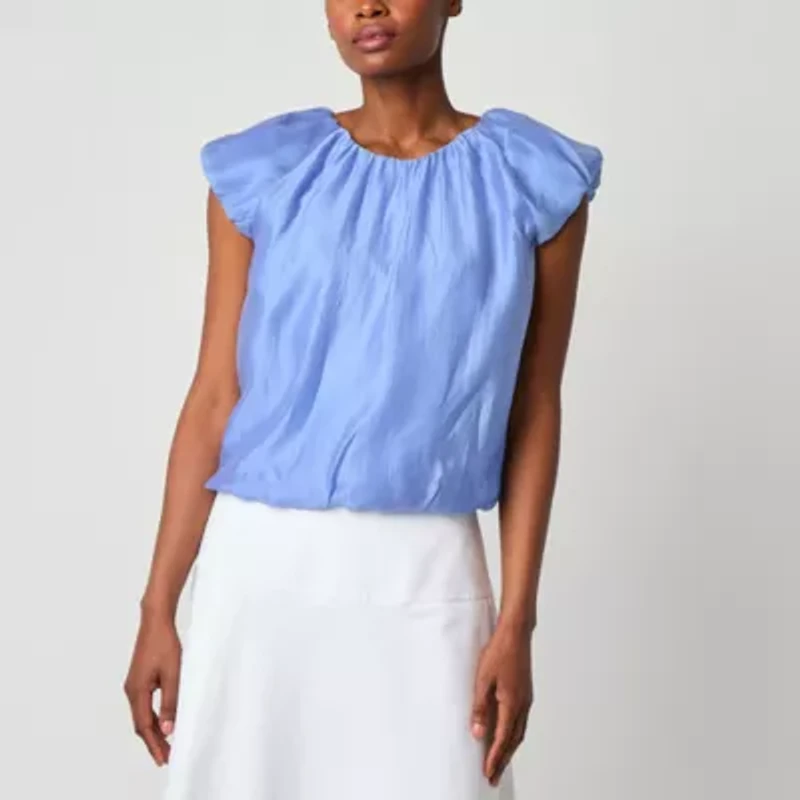 Worthington Womens Round Neck Short Sleeve Blouse