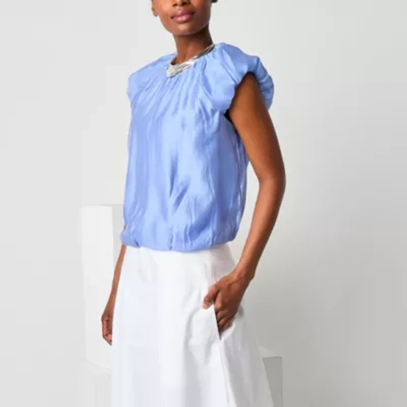 Worthington Womens Round Neck Short Sleeve Blouse
