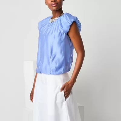 Worthington Womens Round Neck Short Sleeve Blouse
