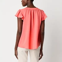 Liz Claiborne Womens Split Tie Neck Short Sleeve Blouse