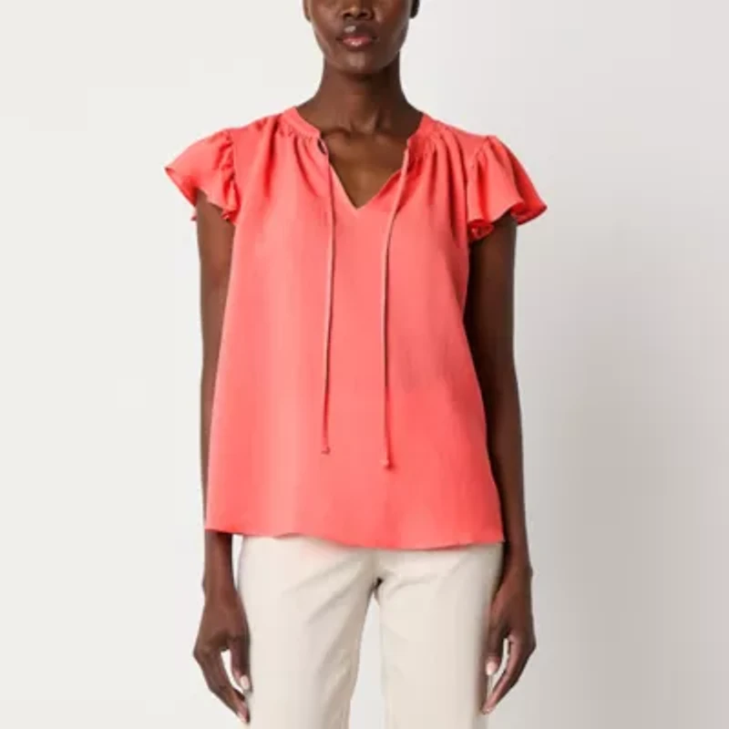 Liz Claiborne Womens Split Tie Neck Short Sleeve Blouse