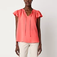 Liz Claiborne Womens Split Tie Neck Short Sleeve Blouse