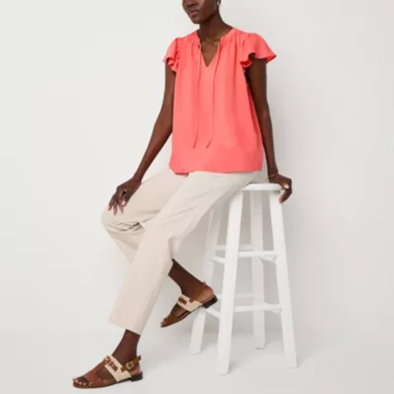 Liz Claiborne Womens Split Tie Neck Short Sleeve Blouse