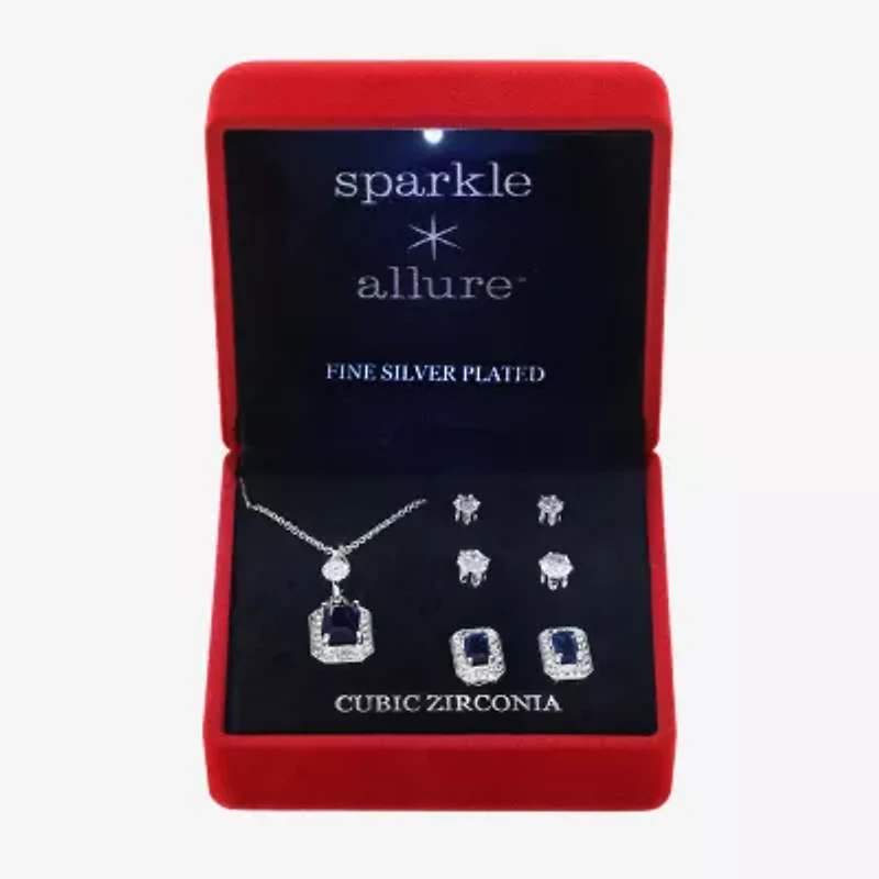 Sparkle Allure Light Up Box Halo Womens Blue Cubic Zirconia Pure Silver Over Brass Rectangular 4-pc. Jewelry Set