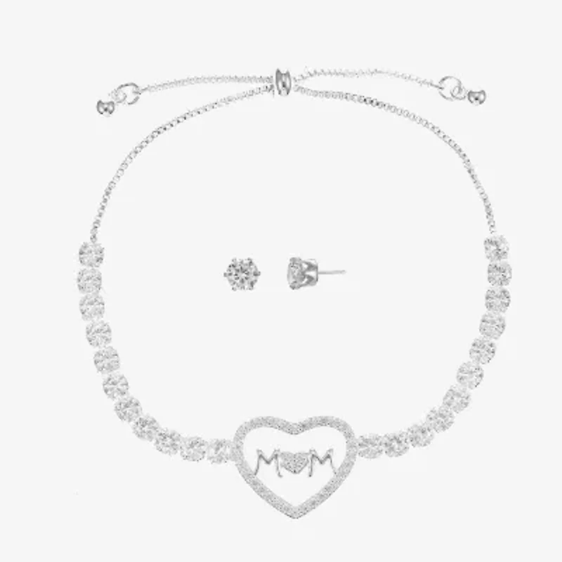 Sparkle Allure Light Up Box Mom Womens Cubic Zirconia Pure Silver Over Brass Heart 2-pc. Jewelry Set