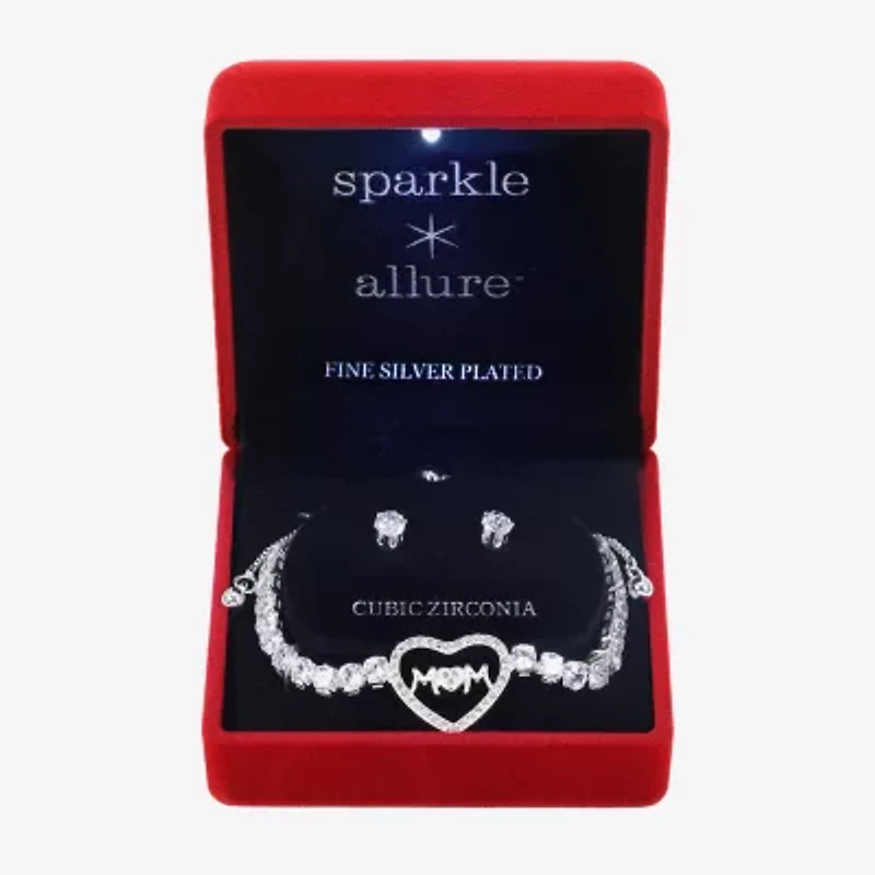 Sparkle Allure Light Up Box Mom Womens Cubic Zirconia Pure Silver Over Brass Heart 2-pc. Jewelry Set