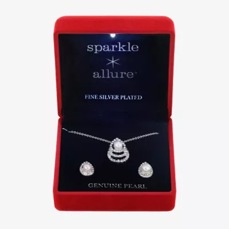 Sparkle Allure Light Up Box Womens Cubic Zirconia Cultured Freshwater Pearl Pure Silver Over Brass 2-pc. Jewelry Set