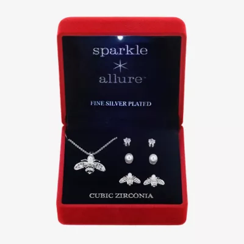 Sparkle Allure Light Up Box Bee Womens Cubic Zirconia Pure Silver Over Brass 4-pc. Jewelry Set