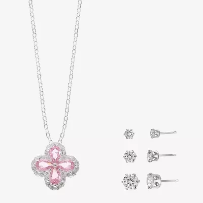 Sparkle Allure Light Up Box Womens Pink Cubic Zirconia Cultured Freshwater Pearl Pure Silver Over Brass Clover 4-pc. Jewelry Set