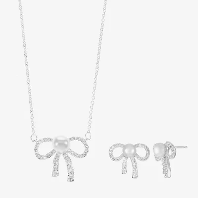 Sparkle Allure Light Up Box Womens Cubic Zirconia Simulated Pearl Pure Silver Over Brass Bow 2-pc. Jewelry Set
