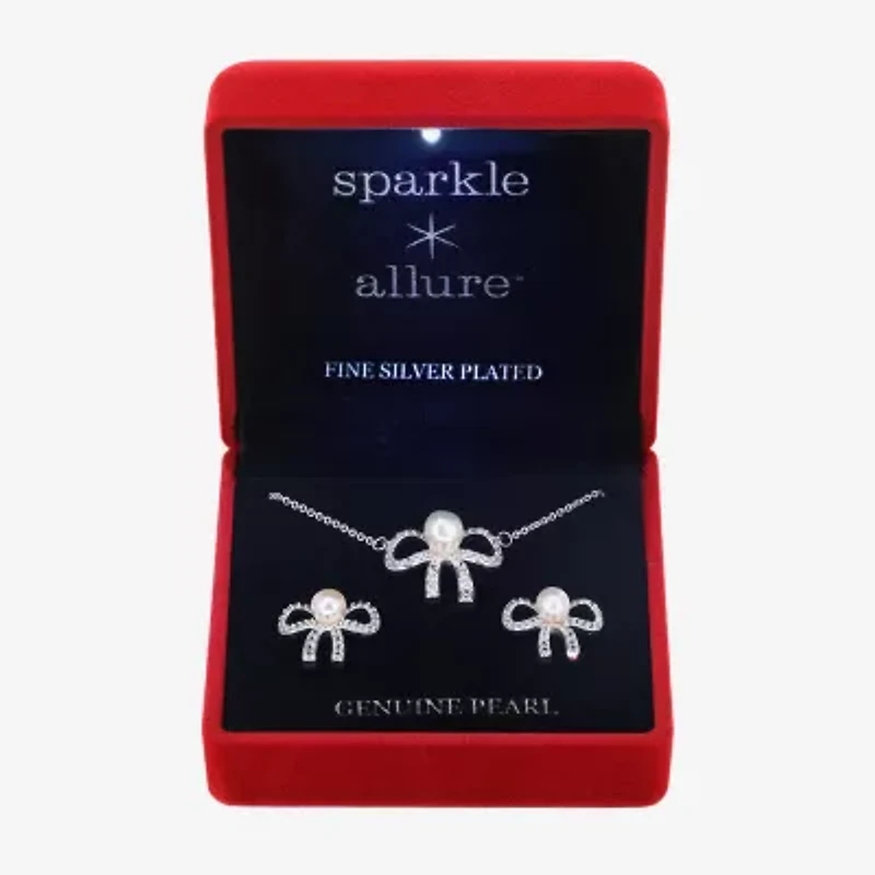Sparkle Allure Light Up Box Womens Cubic Zirconia Simulated Pearl Pure Silver Over Brass Bow 2-pc. Jewelry Set