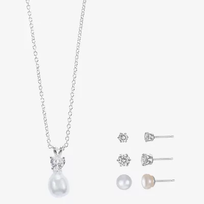 Sparkle Allure Light Up Box Womens Cubic Zirconia Cultured Freshwater Pearl Pure Silver Over Brass Round 4-pc. Jewelry Set