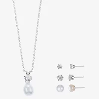 Sparkle Allure Light Up Box Womens Cubic Zirconia Cultured Freshwater Pearl Pure Silver Over Brass Round 4-pc. Jewelry Set