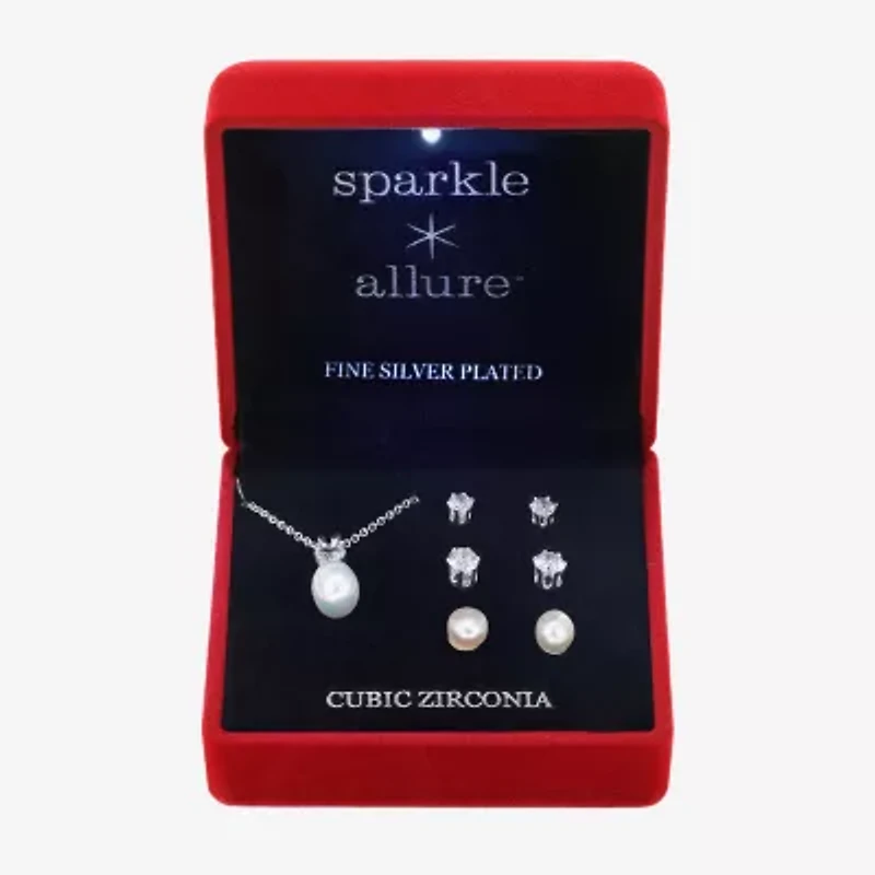 Sparkle Allure Light Up Box Womens Cubic Zirconia Cultured Freshwater Pearl Pure Silver Over Brass Round 4-pc. Jewelry Set
