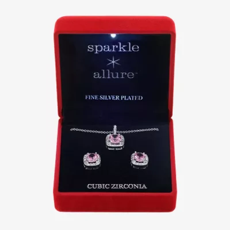 Sparkle Allure Light Up Box Halo Womens Pink Cubic Zirconia Pure Silver Over Brass Square 2-pc. Jewelry Set