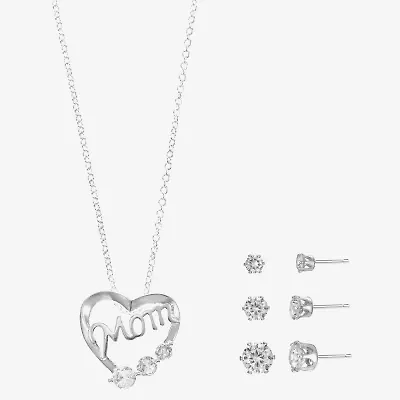 Sparkle Allure Light Up Box Mom Womens Cubic Zirconia Pure Silver Over Brass Heart 4-pc. Jewelry Set